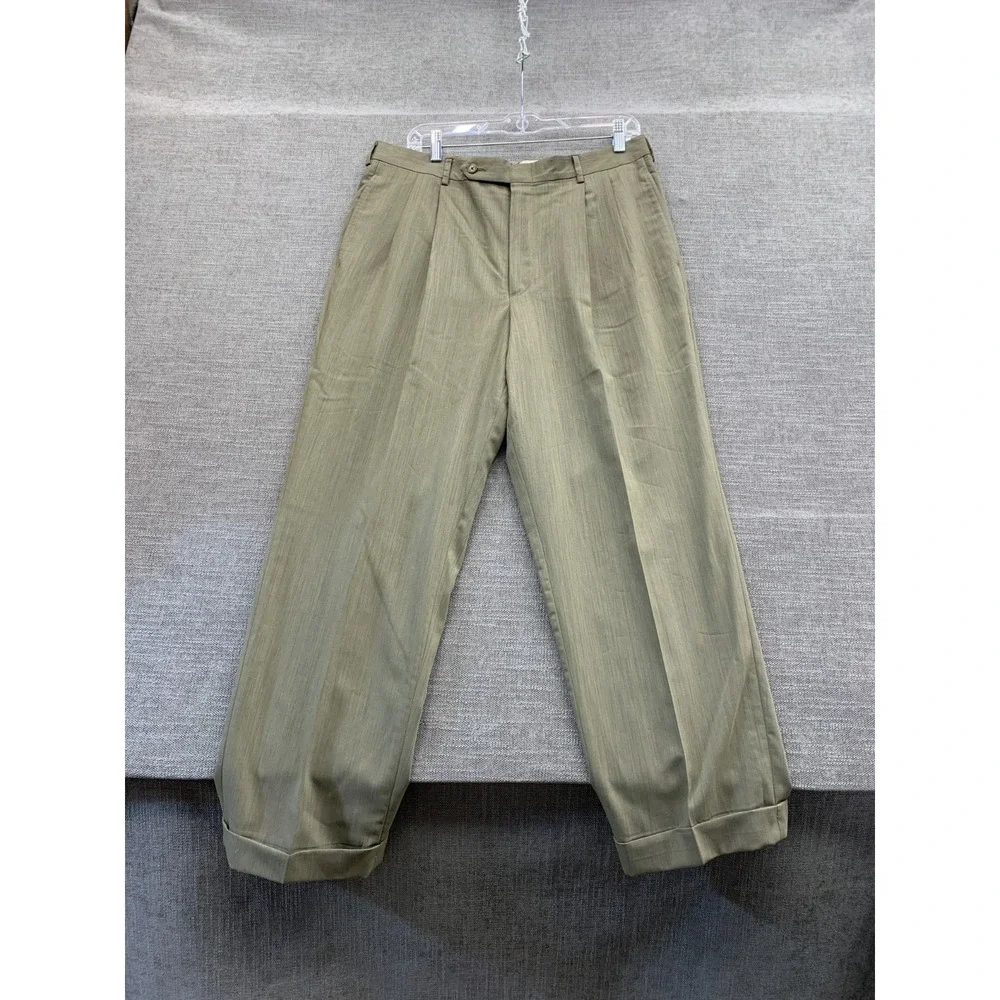 Corbin Dress Pants Mens 34 Green 150s Micro Merino Pleated Straight Leg Oxford